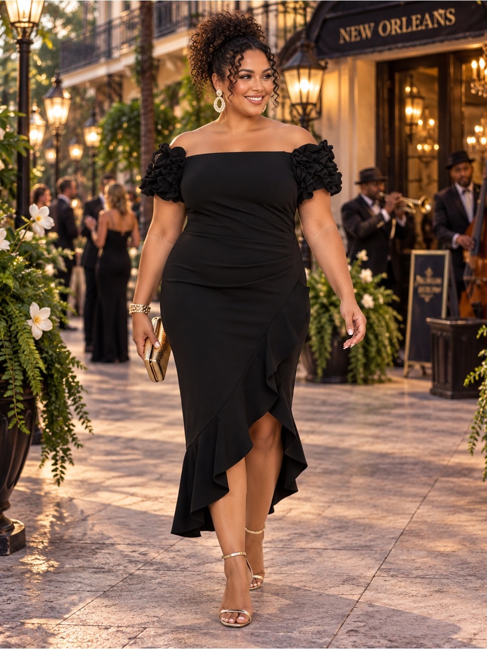 NWT XSCAPE Black Off-the-Shoulder Ruffle Midi Cocktail Dress | Gala | Size 18W